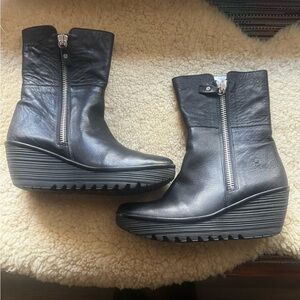 Fly London Black Leather Wedge Boots